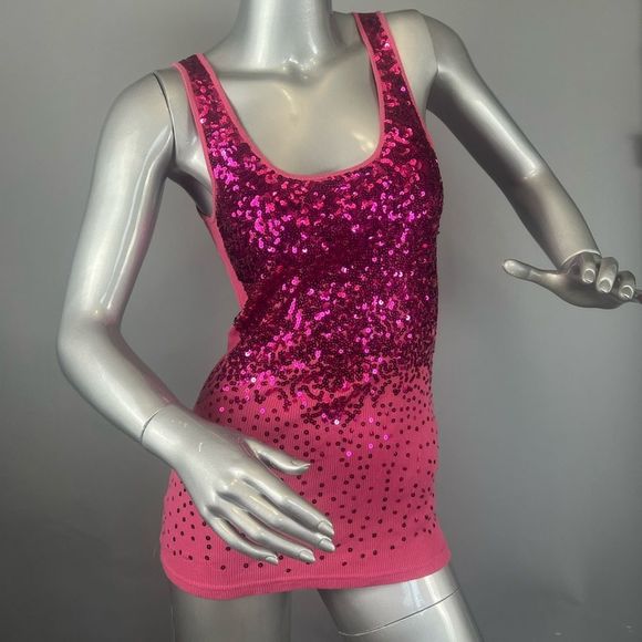 Bebe Y2K Pink Sequin Longline Tank Top - Picture 1 of 6